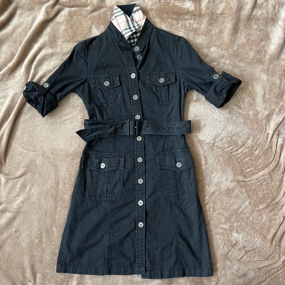 Burberry Black Button-Down Mid Length Cotton Dress Women's Sz M. Made in England